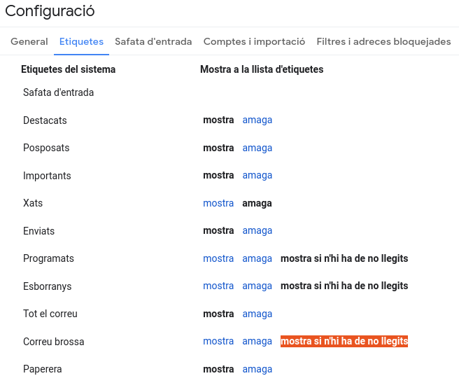 Pàgina de configuració d'etiquetes des d'on es pot indicar si una etiqueta s'ha de mostrar només quan té missatges pendents de llegir